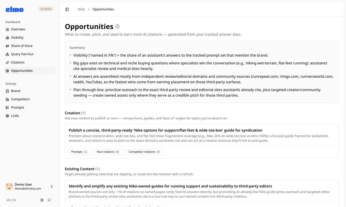 Opportunities page with an AI-generated summary and prioritized recommendations for content to create and sources to pitch