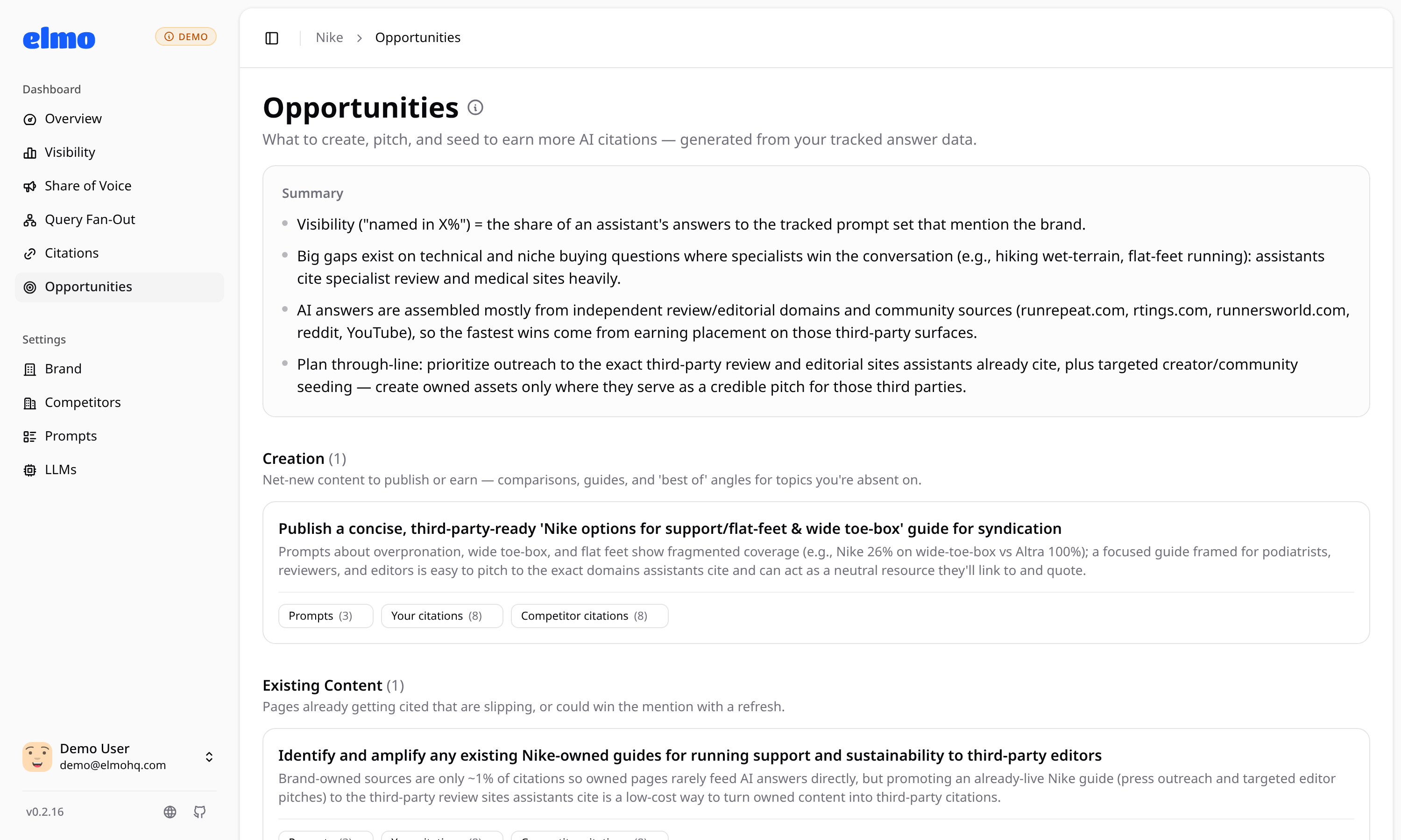 Elmo opportunities page with prioritized recommendations for content and sources